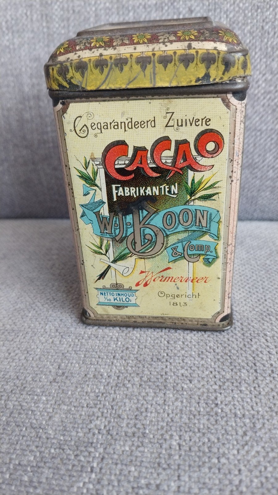 Oud blikje cacao W J Boon Wormerveer 1/10 kg, Ophalen of Verzenden, Gebruikt, Overige
