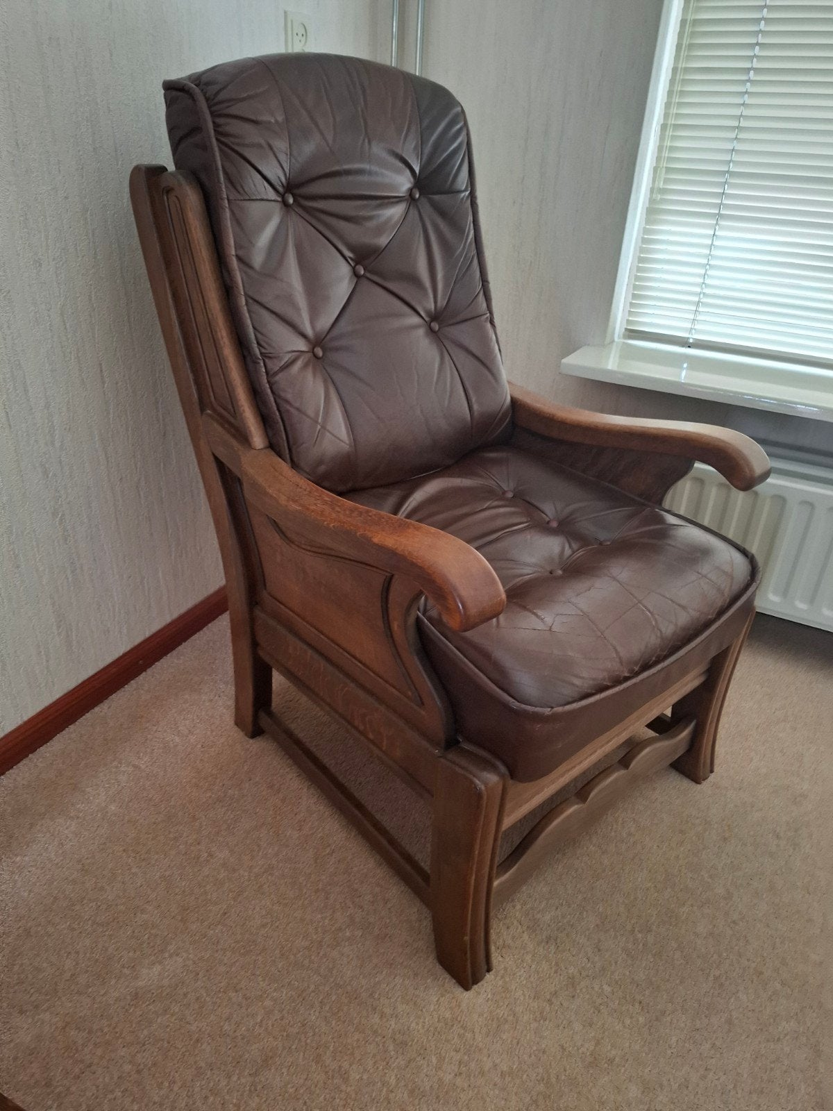 leunstoel, fauteuille hout en leer bruin, Ophalen, Leer, Minder dan 50 cm