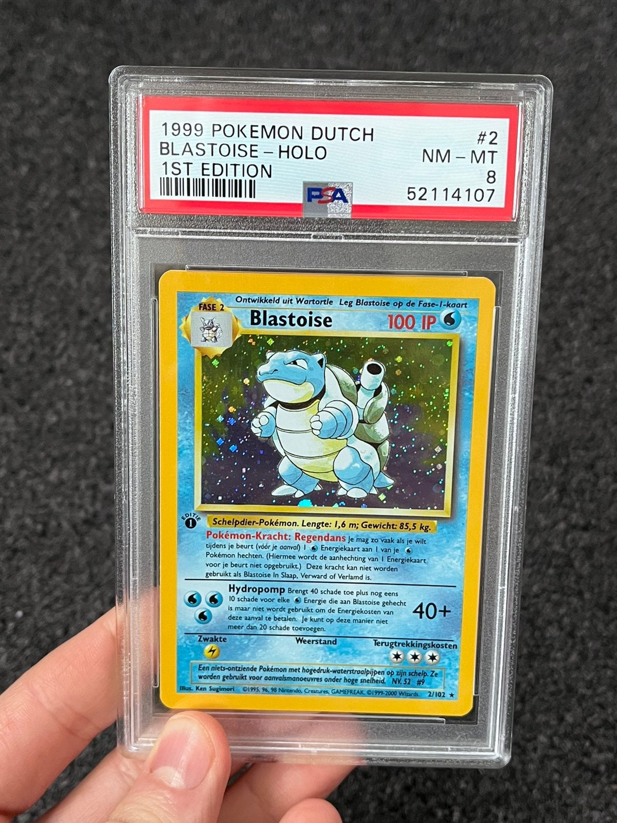Pokémon PSA 8 1st edition Blastoise Dutch #2 Base set POP 42, Hobby en Vrije tijd, Verzamelkaartspellen | Pokémon, Zo goed als nieuw