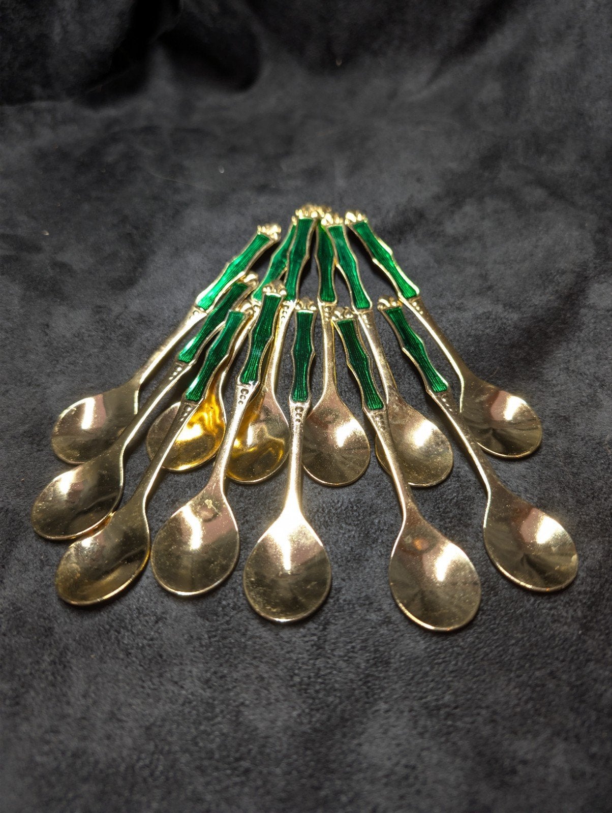 12 goud met groen theelepels, Ophalen of Verzenden, Rvs of Chroom
