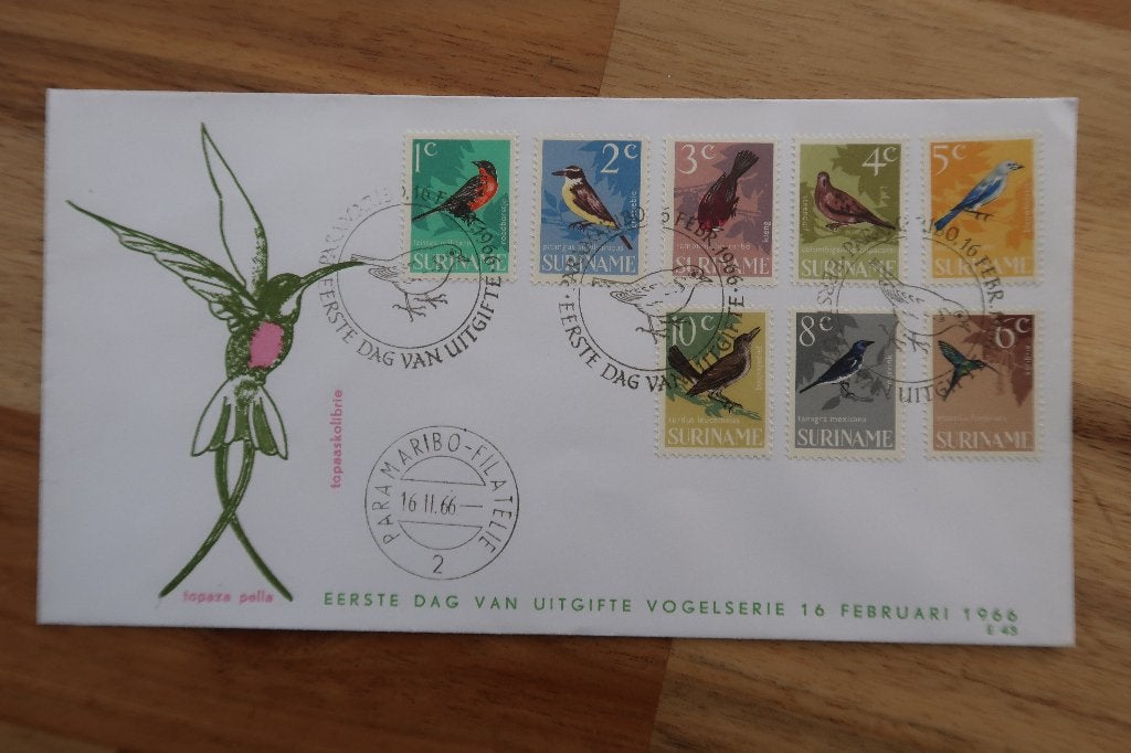 Suriname FDC E43e  vogels 1966, Ophalen of Verzenden, Nederland