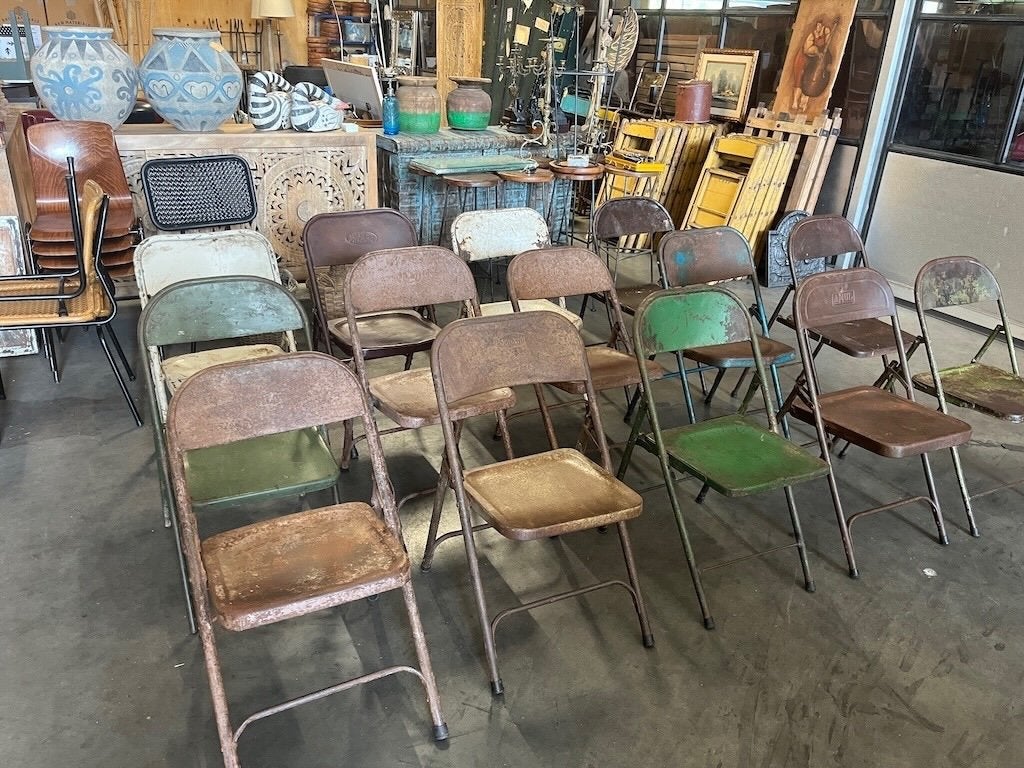14 Industriele/Vintage Metalen Klapstoelen India, Tuin en Terras, Ophalen, Gebruikt, Metaal, Stapelbaar