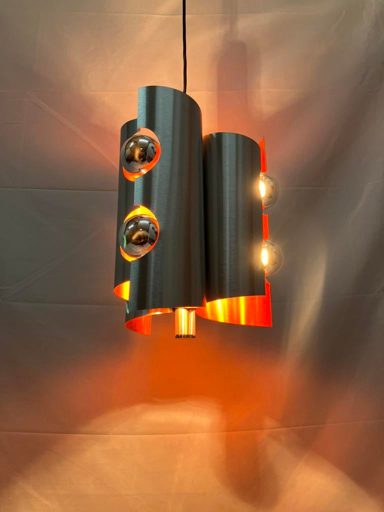 Vintage space age hanglamp, Polam, geborsteld aluminium, Huis en Inrichting, Lampen | Hanglampen, Ophalen of Verzenden, Minder dan 50 cm