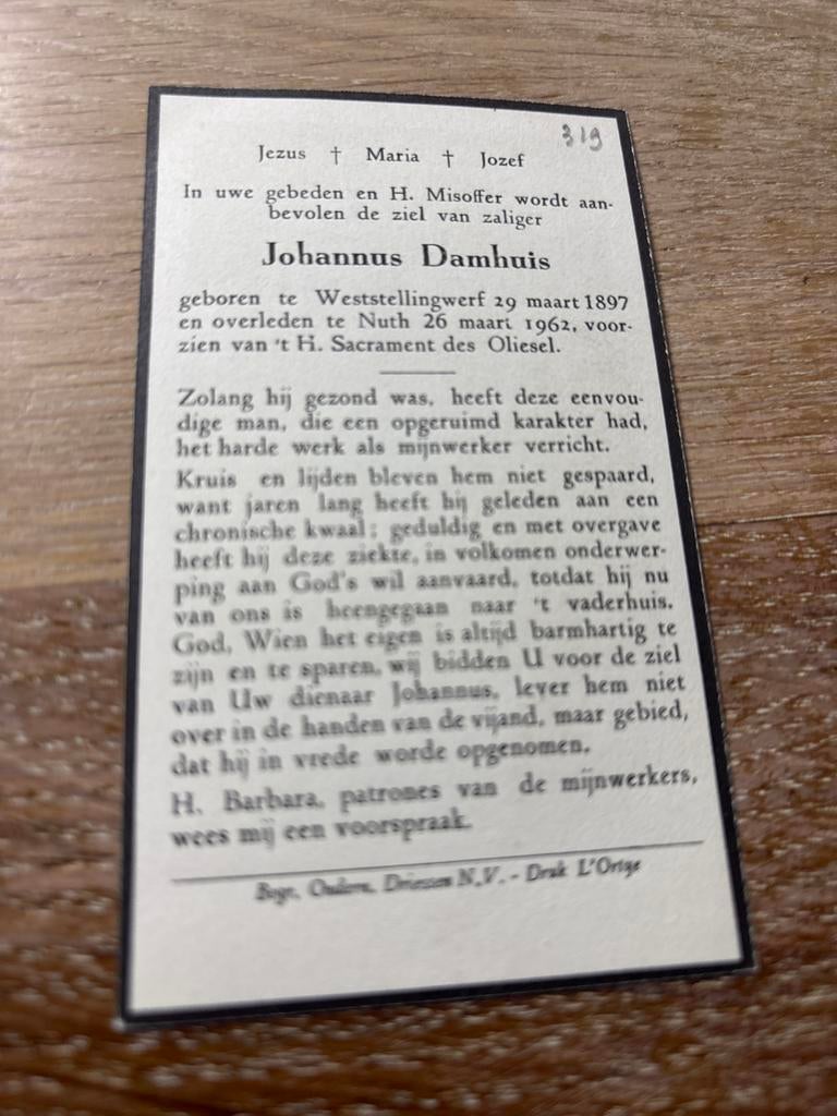 Damhuis Johannes 1897 Weststellingwerf 1962 Nuth - 28667, Verzamelen, Ophalen of Verzenden, Bidprentje