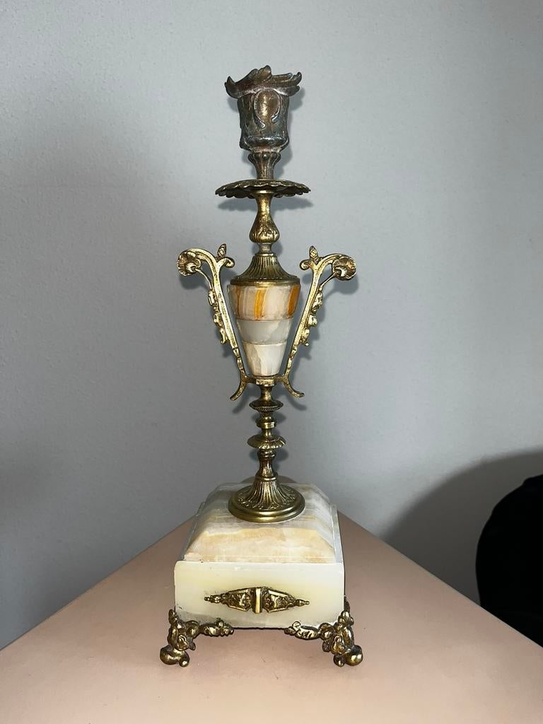 Antieke messing & Onyx Kandelaar, Ophalen of Verzenden, Overige materialen