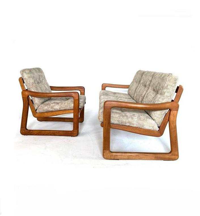 Vintage fauteuil + 3-zits bank, Holstebro Møbelfabrik ‘70, Ophalen of Verzenden, Zo goed als nieuw, Stof, Vintage retro buisframe design rotan webbing papercord deens