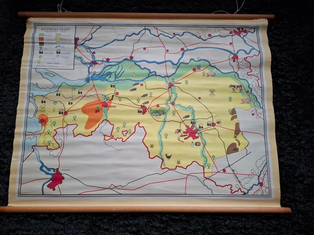 Oude schoolkaart Noord-Brabant Bakker en Rusch, Antiek en Kunst, Ophalen, Aardrijkskunde