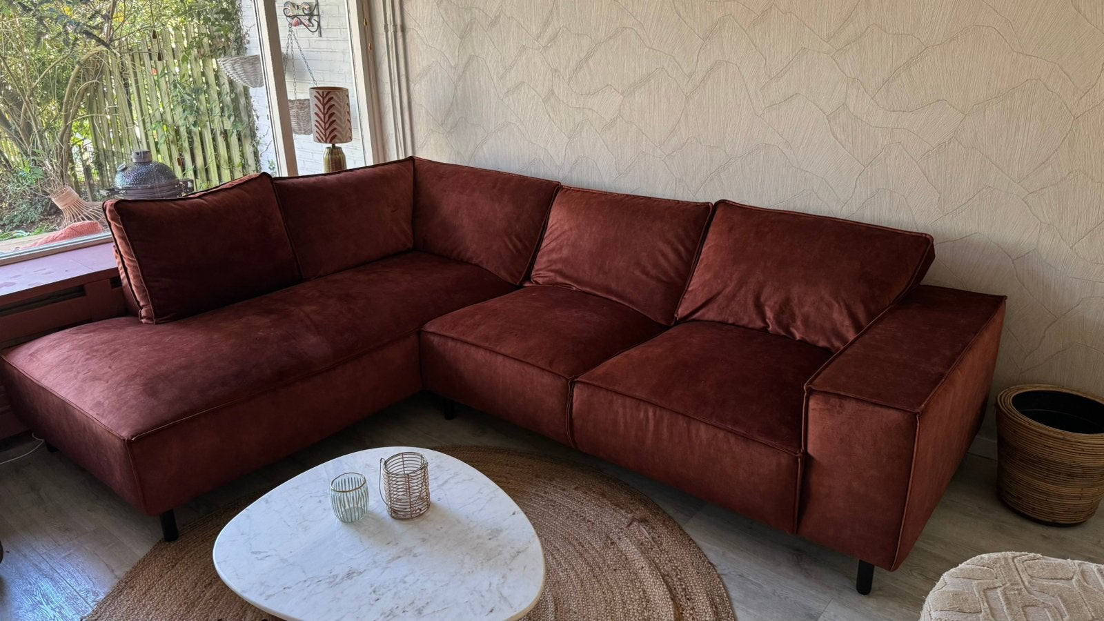 Moderne Hoekbank in Rust Stof - Zo goed als nieuw, Ophalen, 250 tot 300 cm, 100 tot 125 cm, Hoekbank