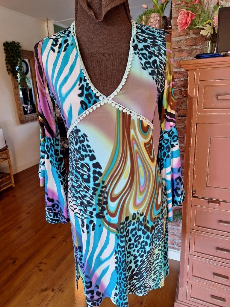 Jurk maat s kreukvrij stretch ibiza boho style, Ophalen of Verzenden, Zo goed als nieuw, Maat 38/40 (M), Onder de knie