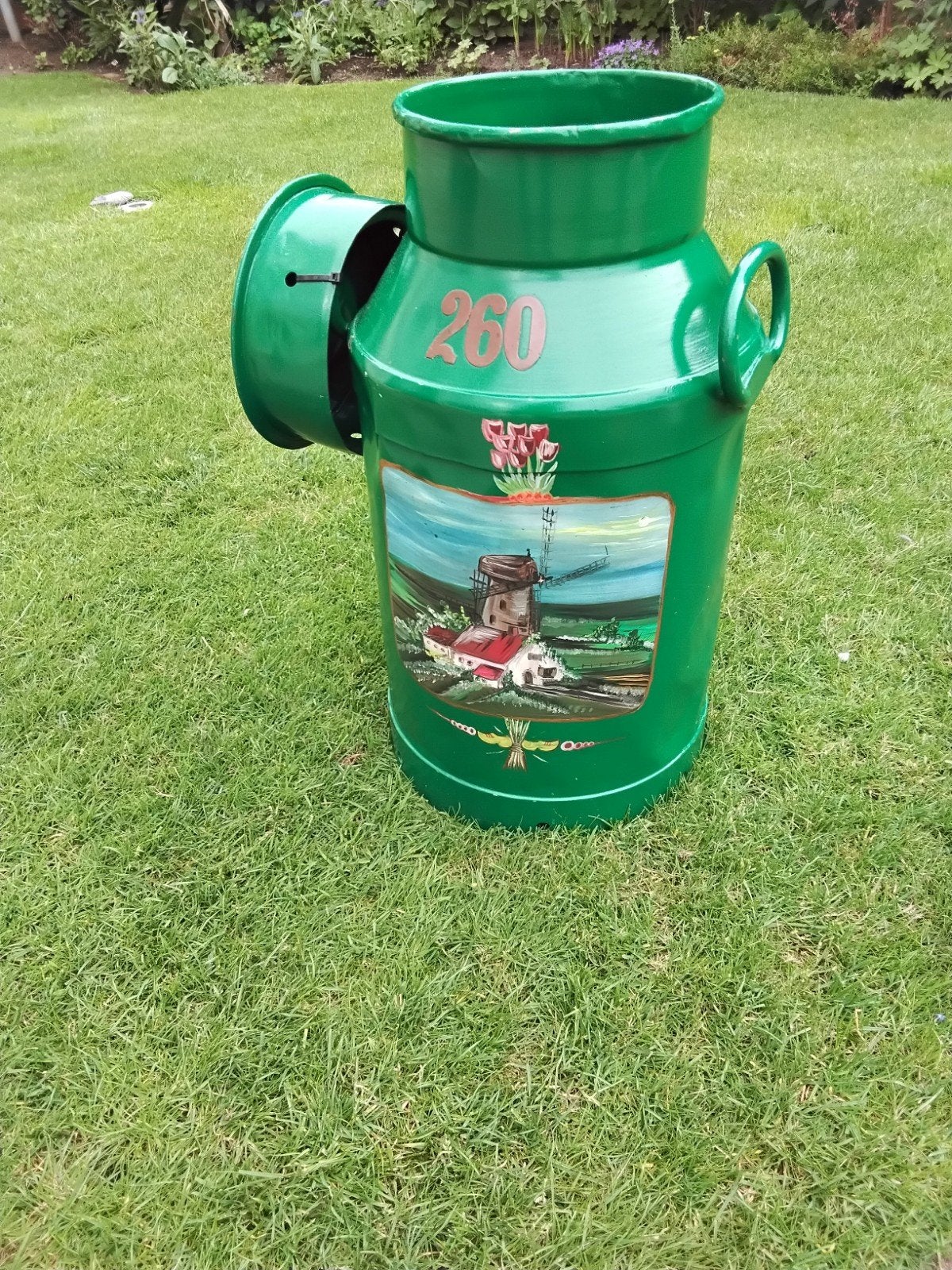 melkbus met deksel, groen met handgeschilderd landschap, Ophalen