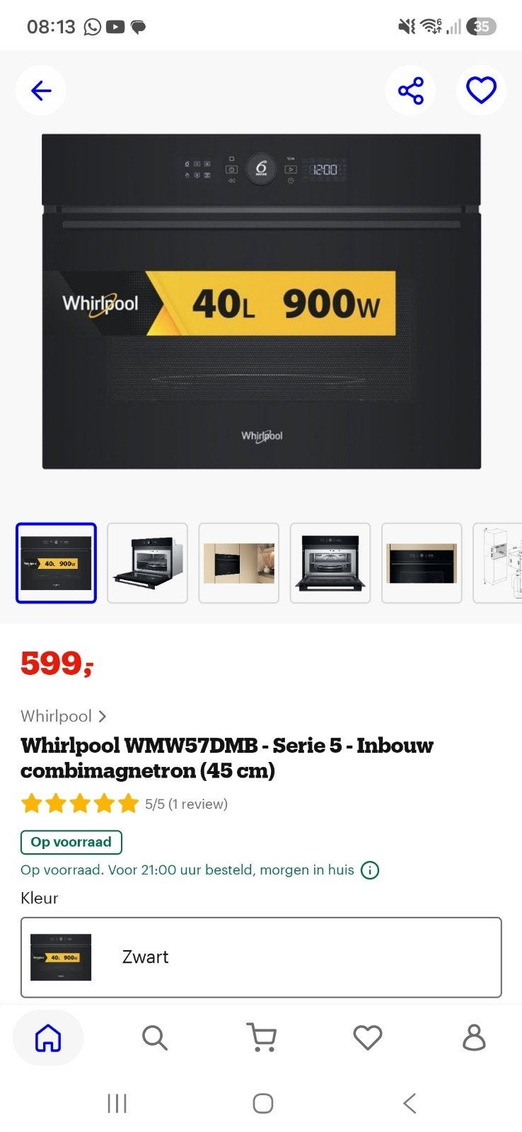 Whirlpool WMW57DMB Serie 5 Inbouw Combimagnetron, Witgoed en Apparatuur, Magnetrons, Ophalen, Nieuw, Hete lucht, Inbouw