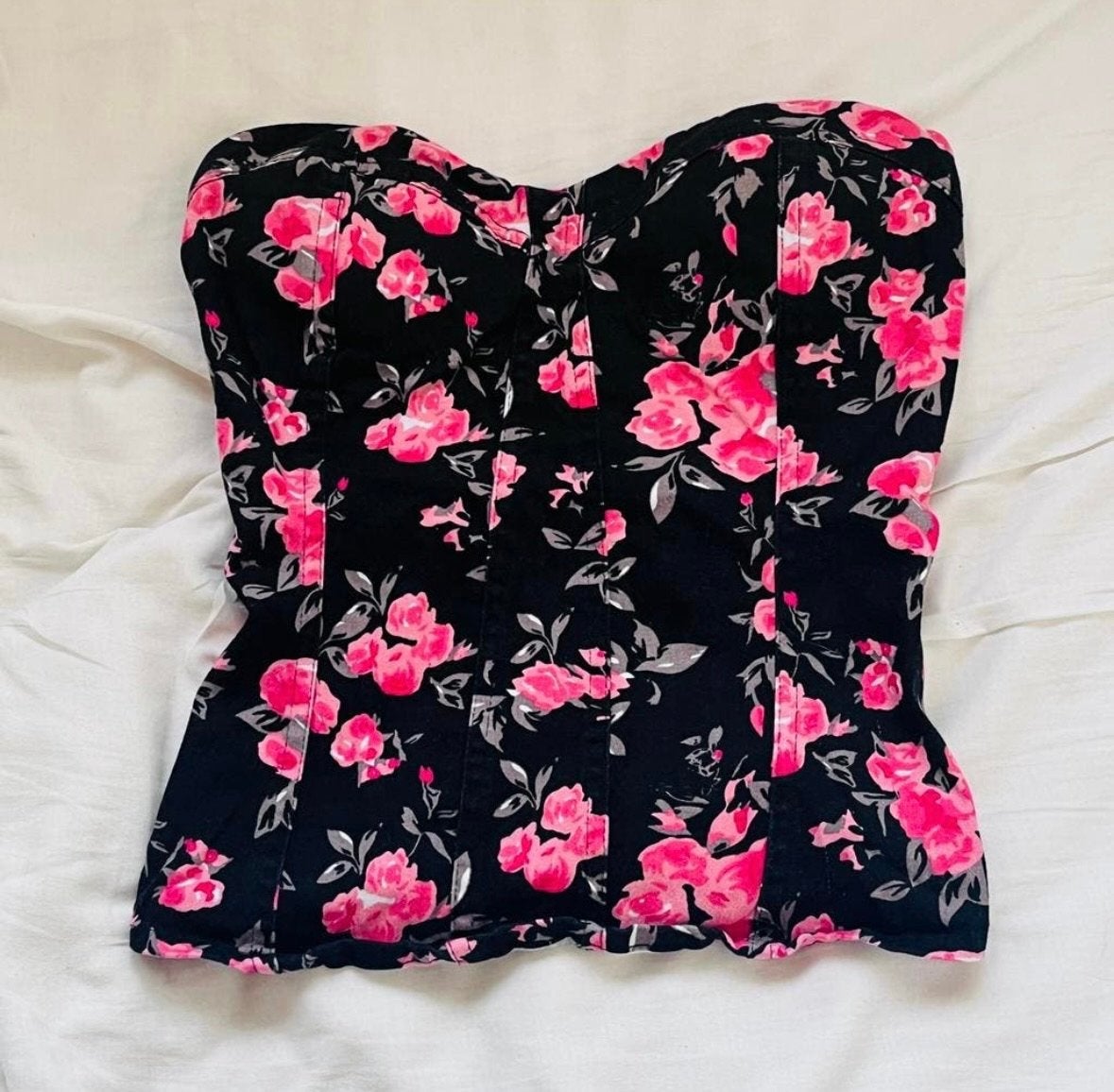 Jennyfer Zwart Corset Top met Roze Bloemenprint Maat S, Zwart, Ophalen of Verzenden, Zo goed als nieuw, Maat 36 (S)