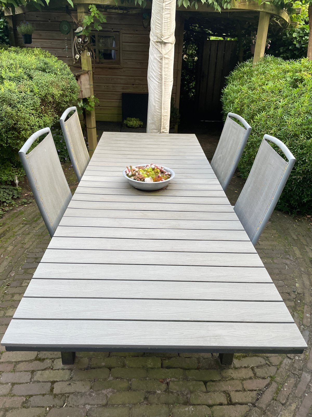 Grijze Weersbestendige Tuintafel 260x95 cm, Tuin en Terras, Tuintafels, Ophalen of Verzenden, Gebruikt, Rechthoekig, Overige materialen
