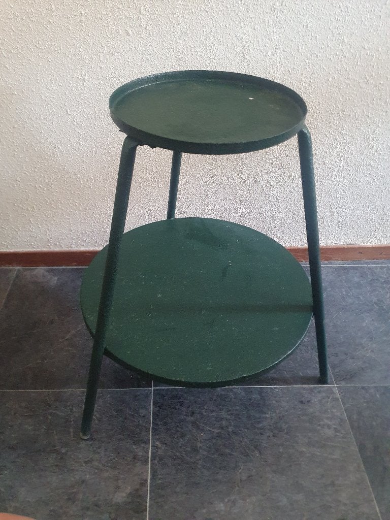 Groen geschilderde metalen jardinière met 2 etages, Ophalen of Verzenden