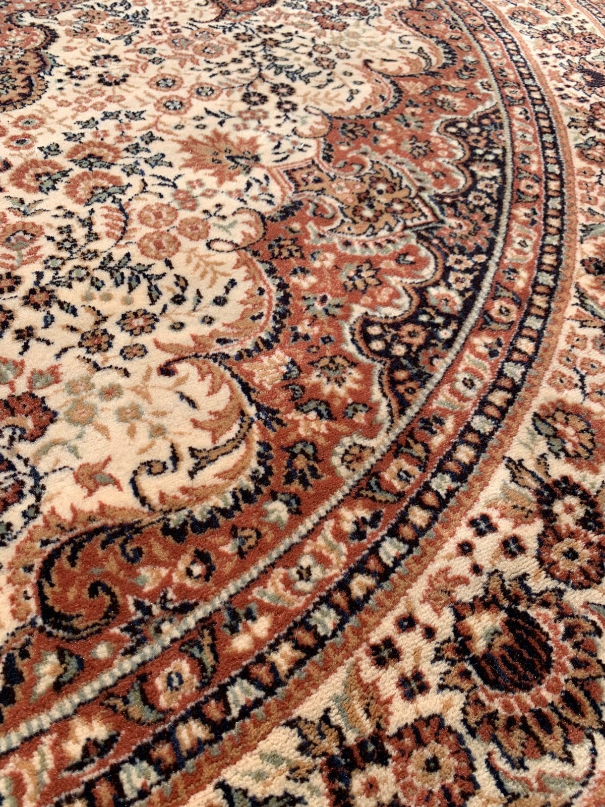 Schitterend Sfeervol Rond Vintage Vloerkleed in NIEUWSTAAT, Huis en Inrichting, Ophalen, Bruin, Rond, 200 cm of meer