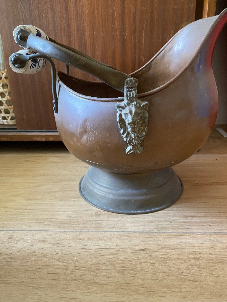 Antieke koperen kolenkit met porseleinen handvatten, Antiek en Kunst, Antiek | Koper en Brons, Ophalen of Verzenden, Koper