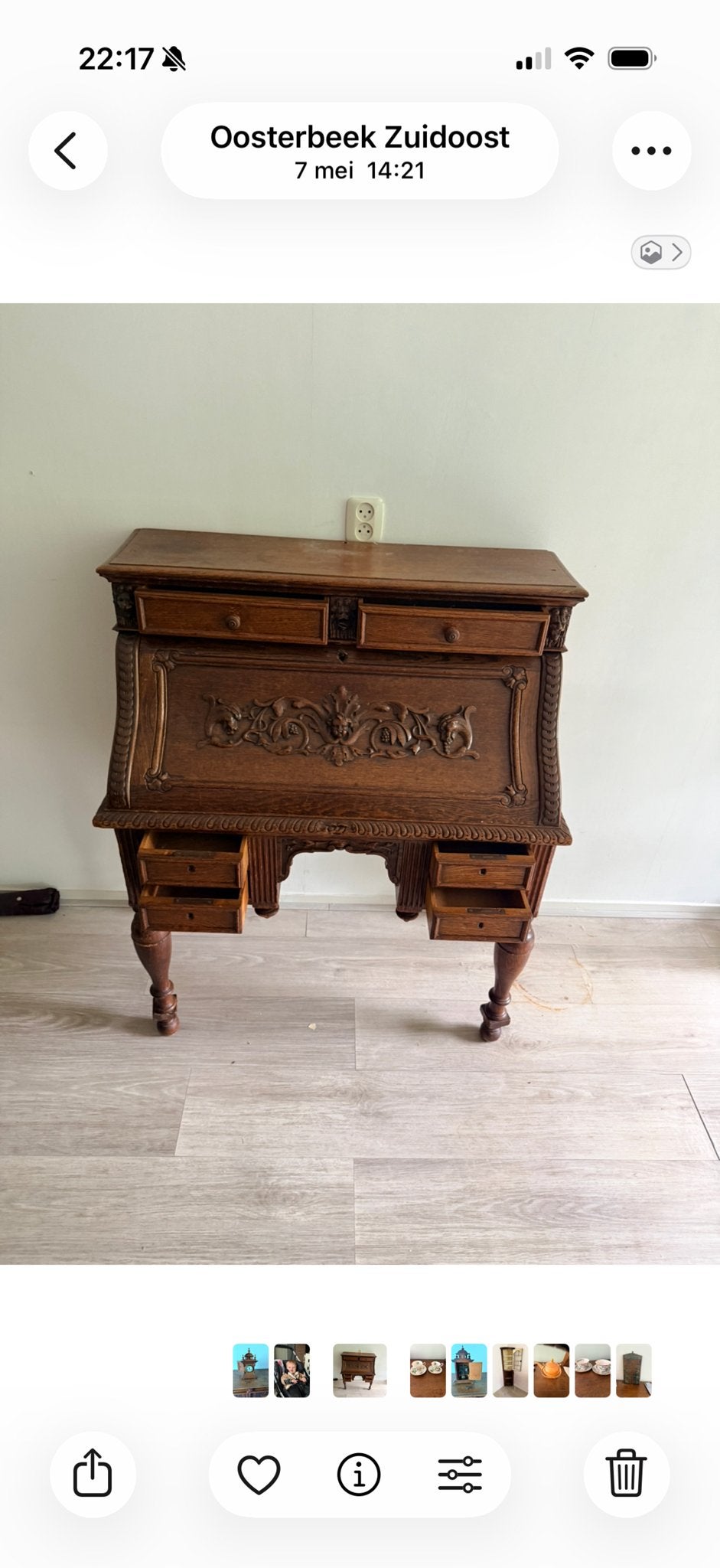 Antiek Eikenhouten  Secretaire met Rijkelijk Snijwerk, Antiek en Kunst, Antiek | Meubels | Kasten, Ophalen of Verzenden