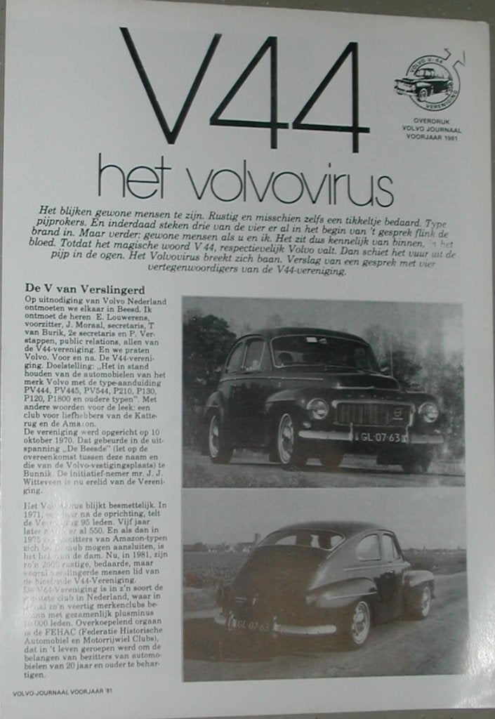 Overdruk uit clubblad. Volvo. V44 vereniging iz. Volvo virus, Ophalen of Verzenden, Zo goed als nieuw, Volvo