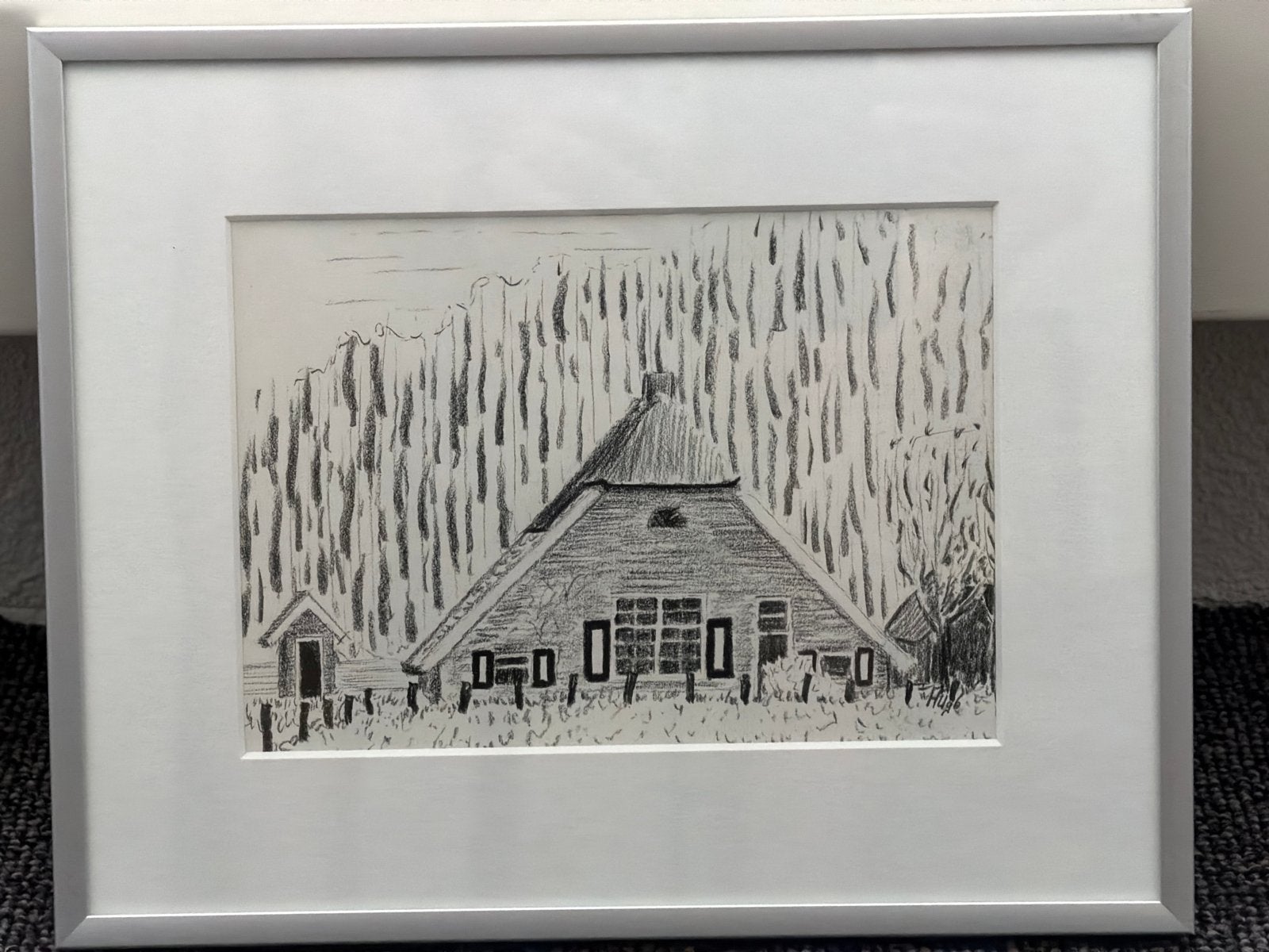 Conté tekening Twentse boerderij van Twickel - Henk Uitslag, Antiek en Kunst, Ophalen, Tekening, Krijttekening, Ingelijst