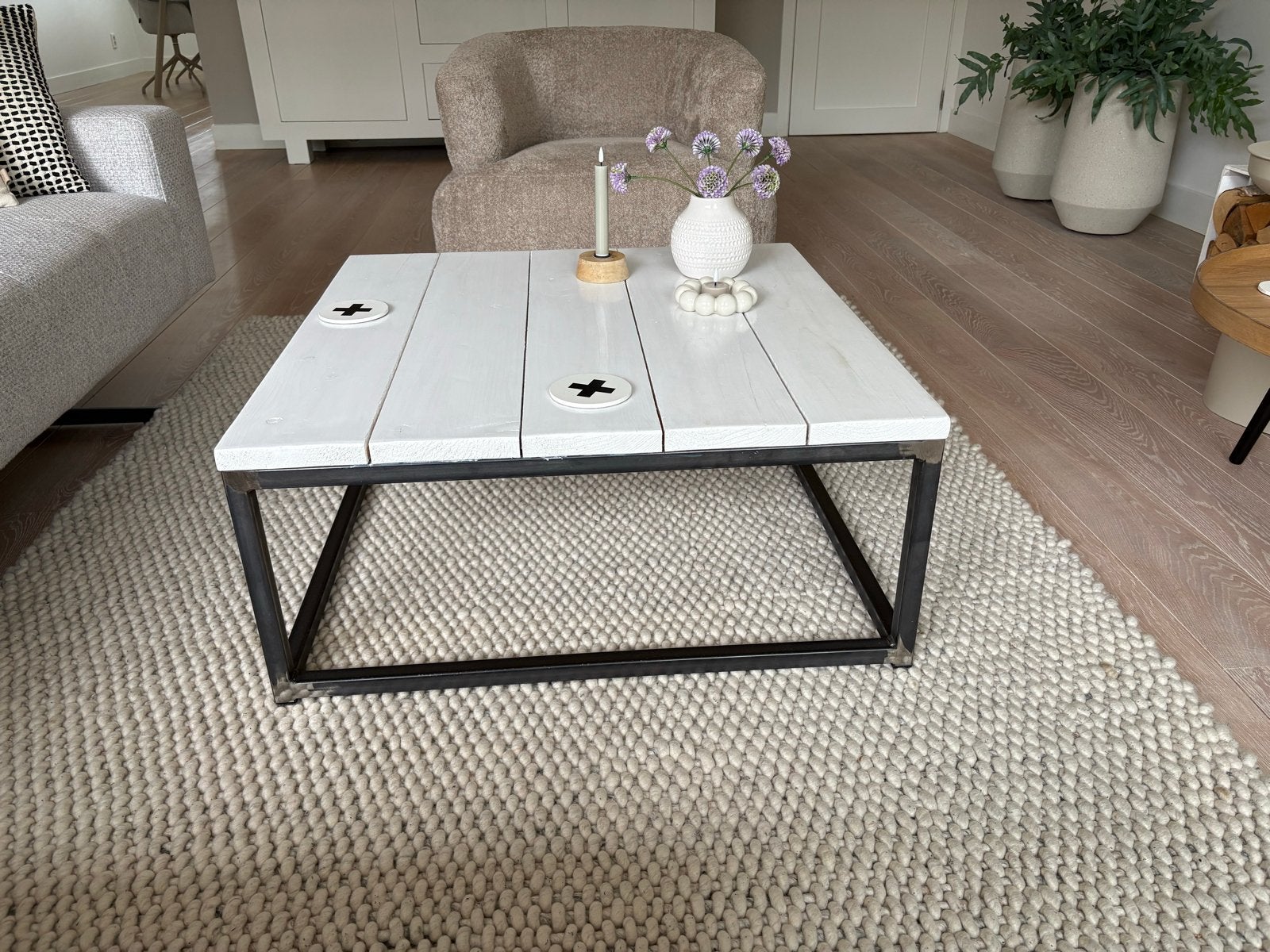 Industriële salontafel 80x80 - Stoer en Stijlvol, Ophalen, Gebruikt, Vierkant, 50 tot 100 cm