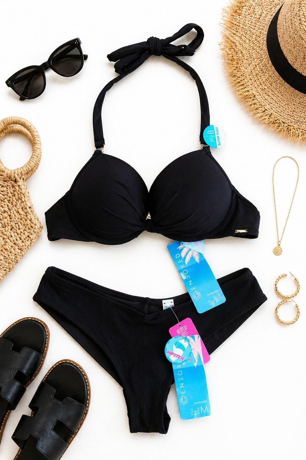 Zwarte bikini met push-up effect maat 80 B slipje maat m, Zwart, Onbekend, Nieuw, New Yorker