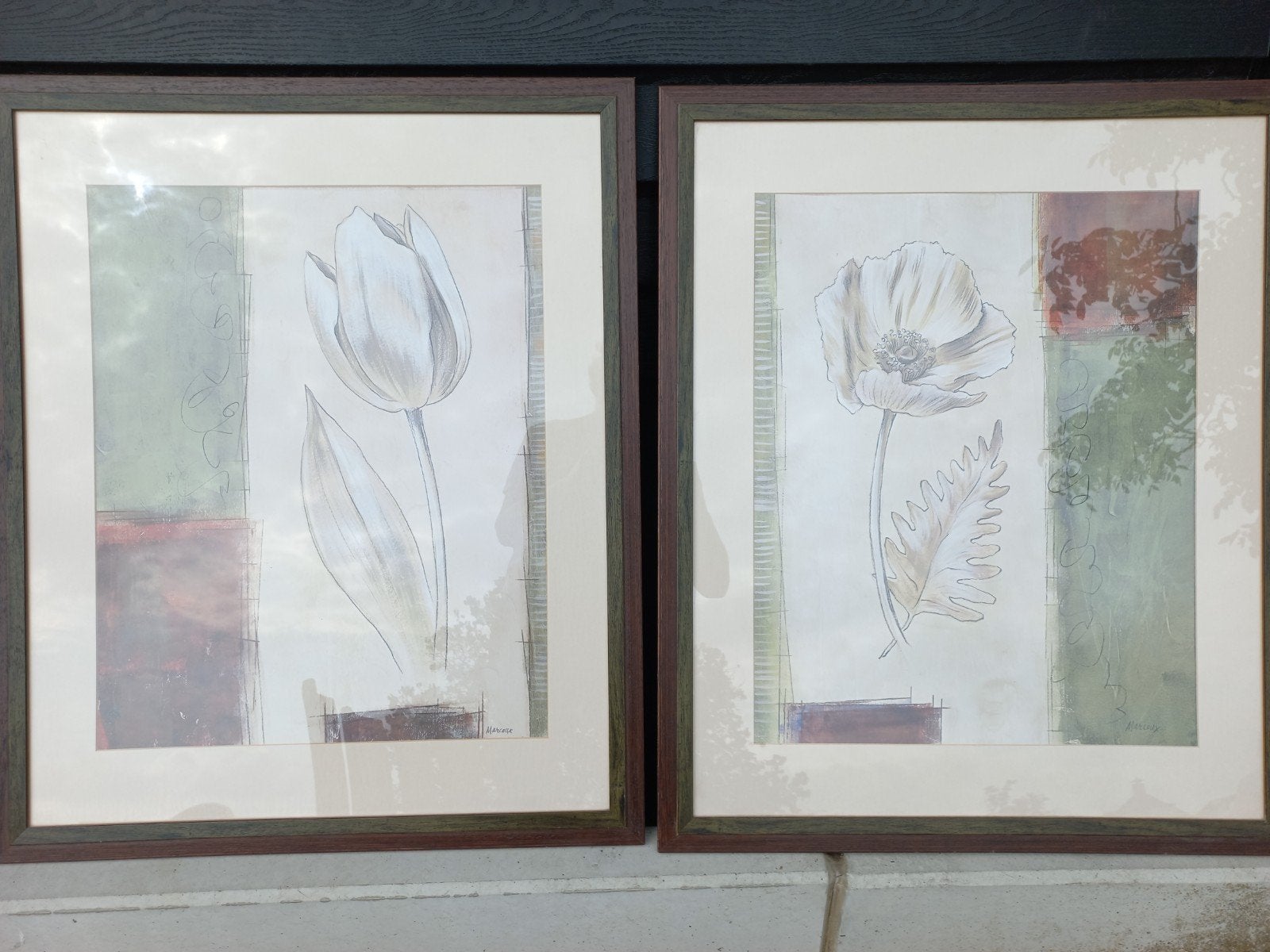 Set van 2 ingelijste bloemschilderijen - Marcoux, Ophalen, Gesigneerd, Bloemen