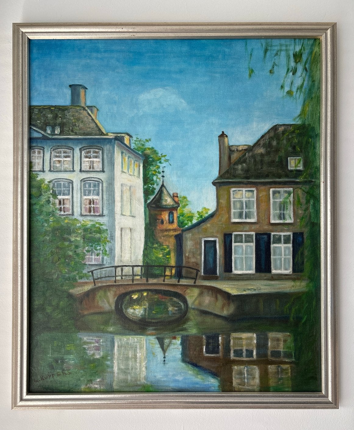 Amersfoort - Huis met paarse ruitjes- Schilderij, Doek, Realistisch, Ophalen of Verzenden, Gesigneerd