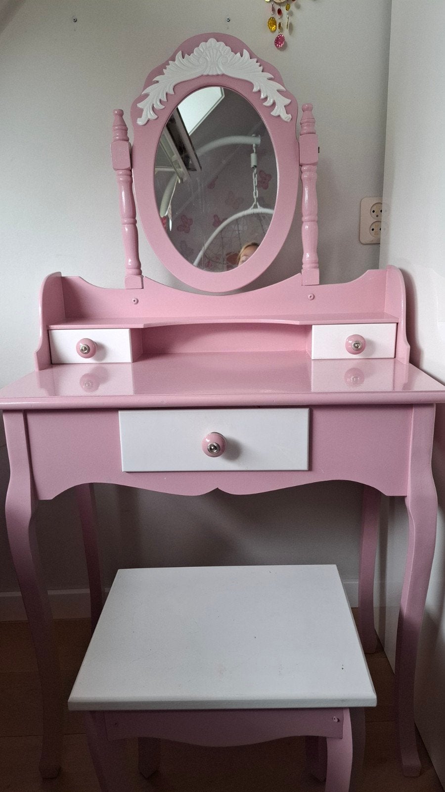 Roze kaptafel voor meisjes met spiegel en krukje, Huis en Inrichting, Ophalen, Minder dan 50 cm, Prinsessenstijl, Klassiek, Zo goed als nieuw