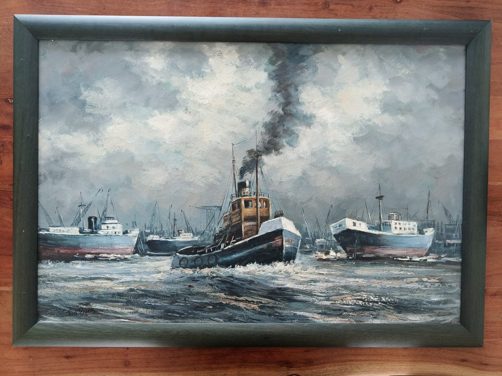 Haven van Rotterdam - F. van der Burg, Antiek en Kunst, Ophalen, Maritiem / water, Doek, Olieverf
