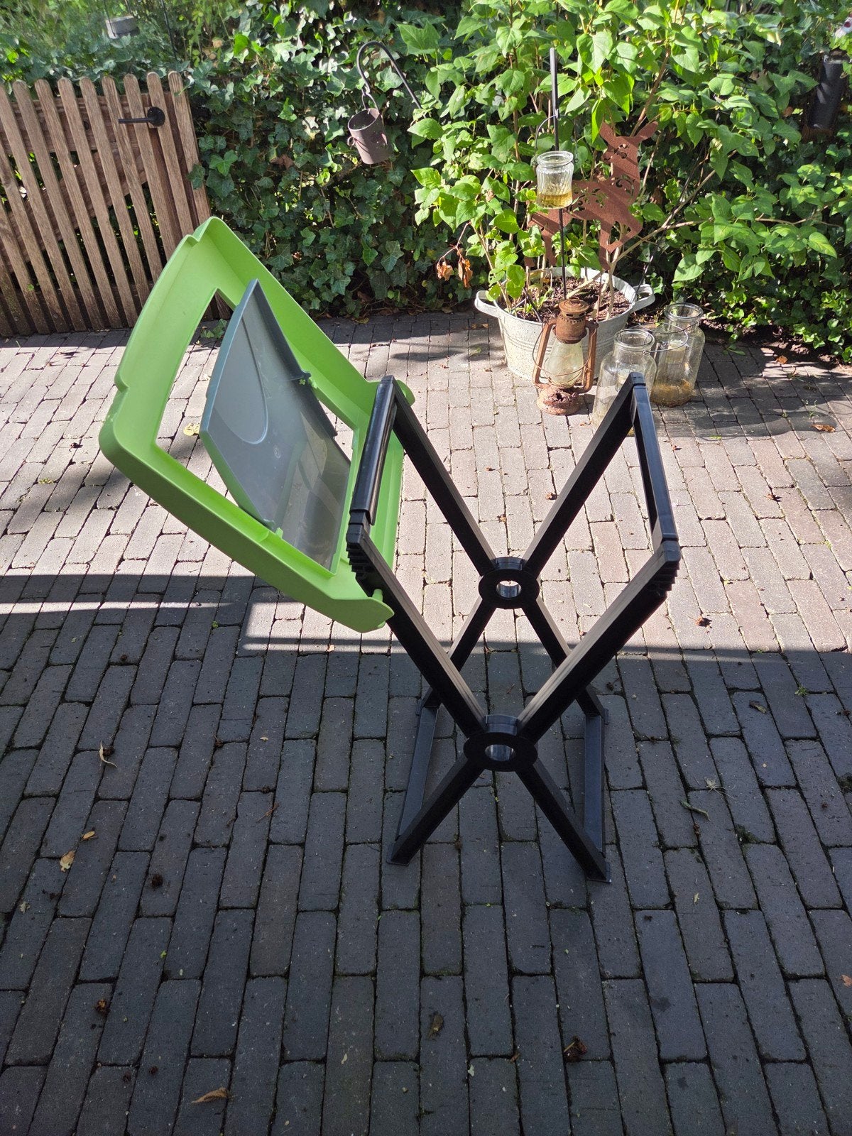 Groene en grijze afvalemmer met standaard, Gebruikt, Meerkleurig, Kunststof, Ophalen of Verzenden