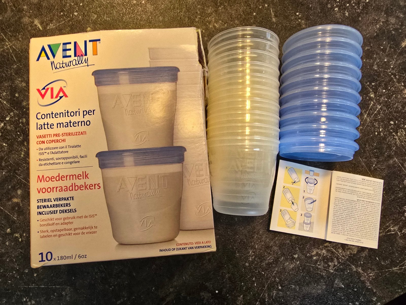 Philips Avent VIA moedermelk bewaarbekers 10x 180 ml, Ophalen of Verzenden, Zo goed als nieuw, Overige typen, Philips Avent