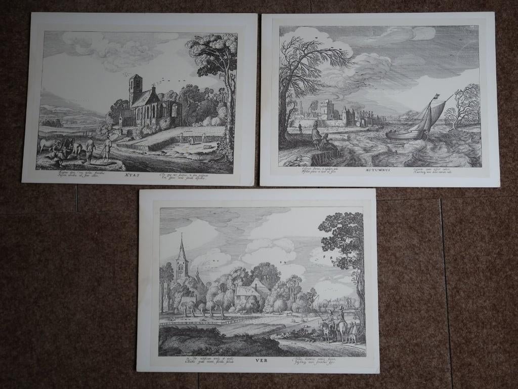 3 vintage repro 17e-eeuwse gravures Nederlandse landschappen, Antiek en Kunst, Verzenden
