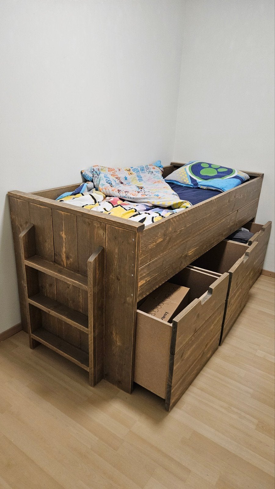 2 x Halfhoge hoogslaper steigerhout incl. matras en 3 lades, Ophalen, Gebruikt, 90 cm, Eenpersoons
