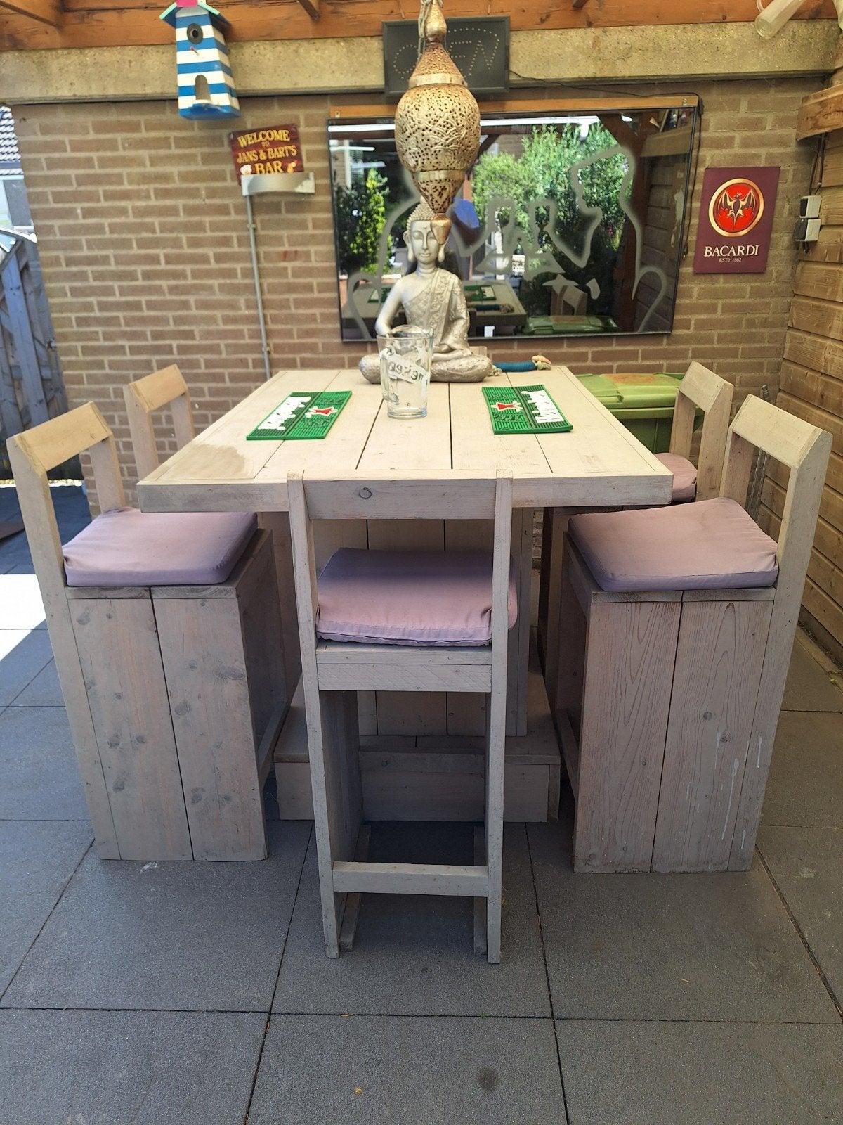 Stevige houten bartafel met 6 krukken, Ophalen, Gebruikt, Rechthoekig, Hout
