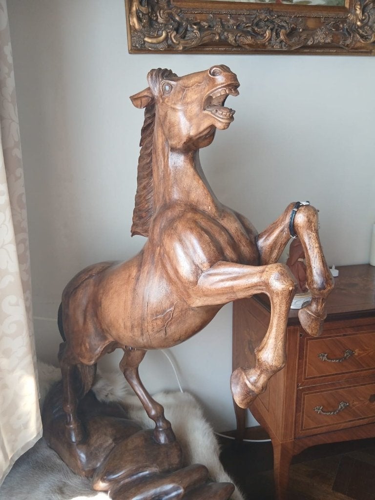 Groot Houten Beeld Steigerend Paard – Uniek Massief Handwerk, Ophalen, Overige onderwerpen, Houtsnijwerk, 1 meter - 2 meter