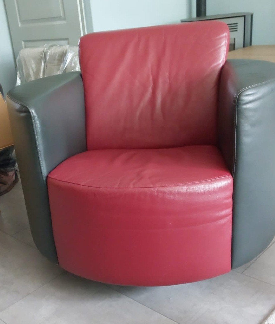 Moderne leren fauteuil rood/grijs, Gebruikt, Ophalen of Verzenden, 75 tot 100 cm, Modern