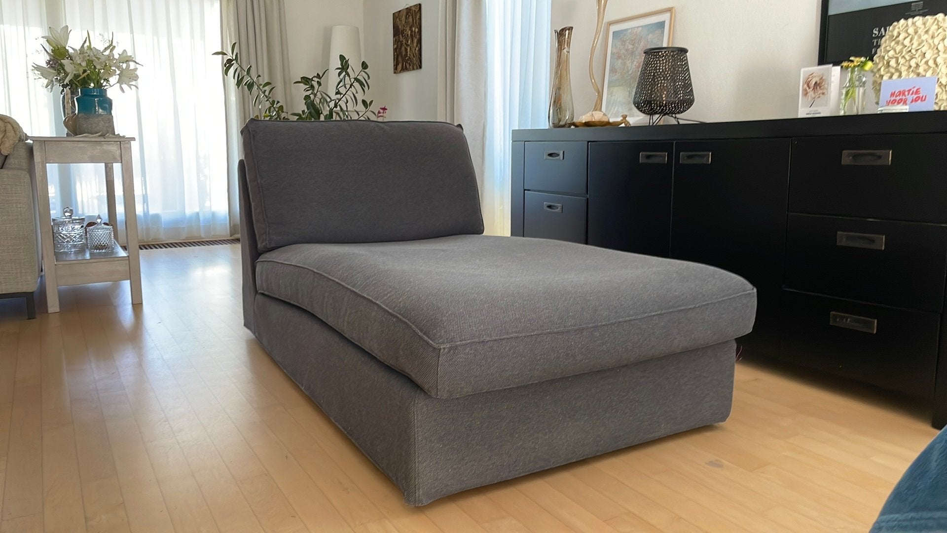 Donkergrijze loungebank, gekocht bij IKEA, LBH 1.60/090/70cm, Ophalen, Gebruikt, 125 cm of meer, 75 tot 100 cm