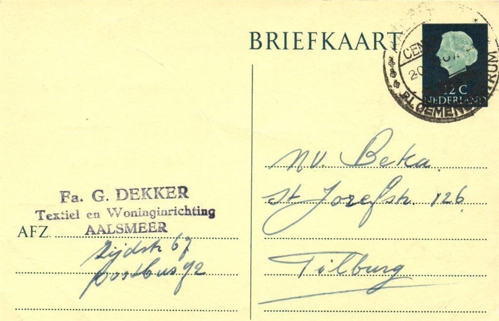 Fa. G. Dekker, Aalsmeer - 01.1967 - briefkaart, Postzegels en Munten, Ophalen of Verzenden, Briefkaart