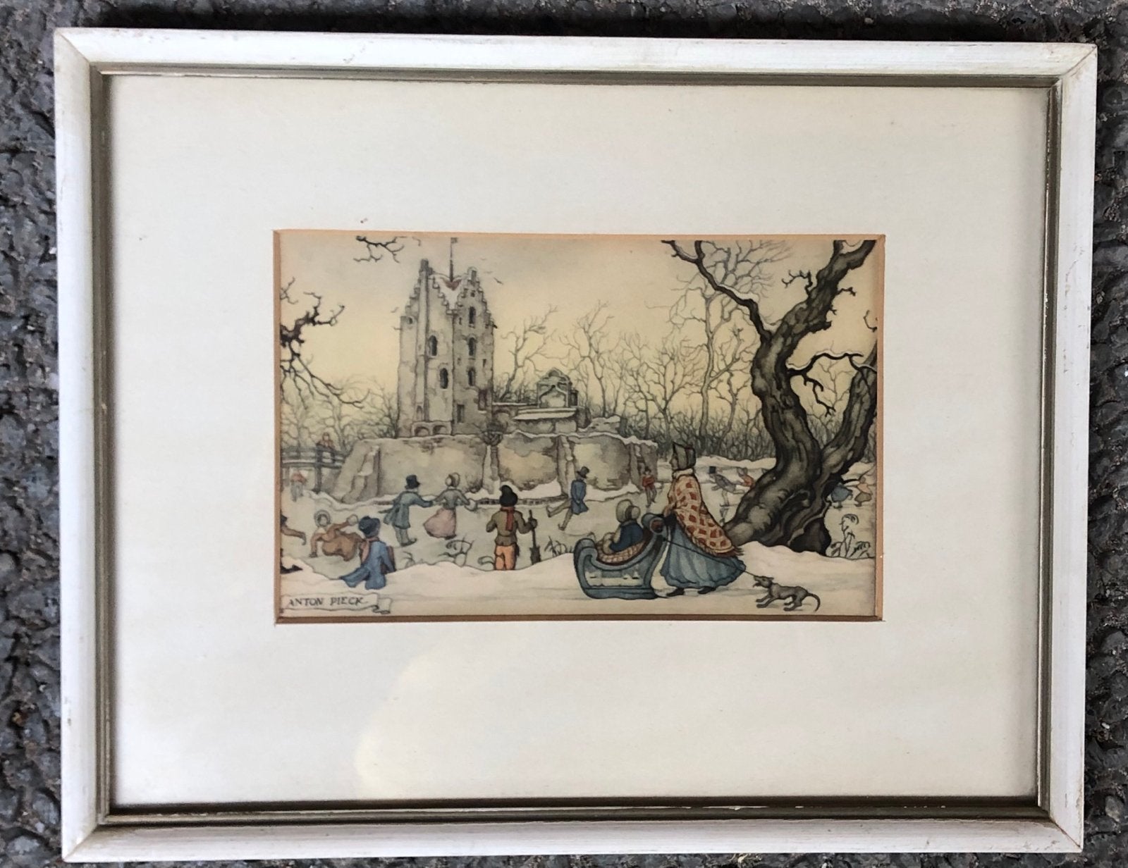 Anton Pieck Prent: Wintertafereel met Schaatsers en Kasteel, Ophalen of Verzenden, Print, Print/reproductie, Gesigneerd