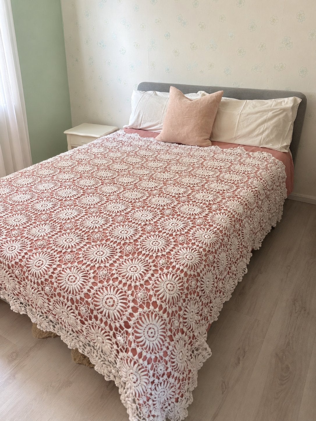 Vintage Handgehaakte bed sprei - Wit, Wit, Katoen, Tweepersoons, Ophalen of Verzenden