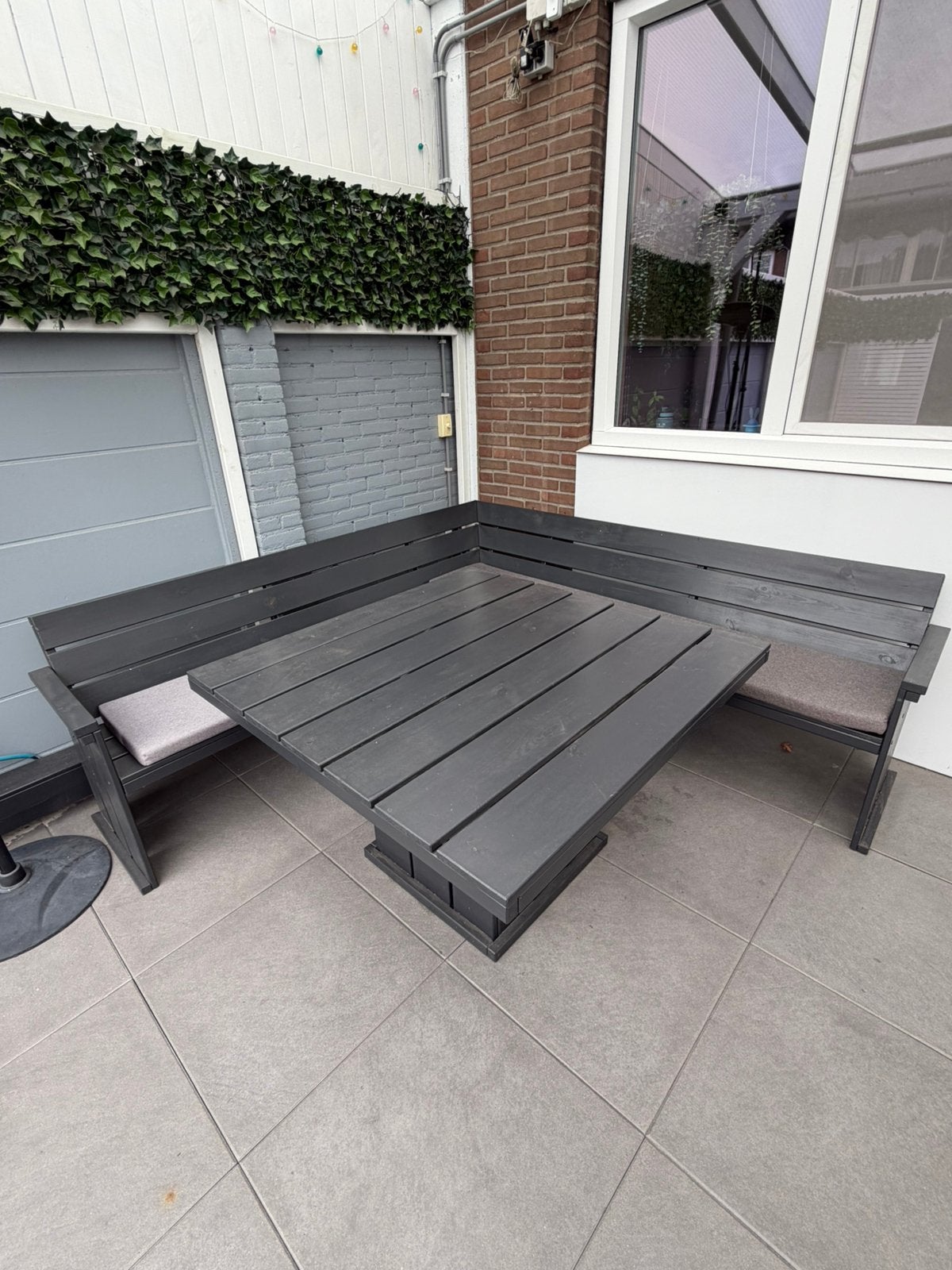 Houten hoekbank met tafel., Ophalen, Eettafel, Zo goed als nieuw, Tuinset