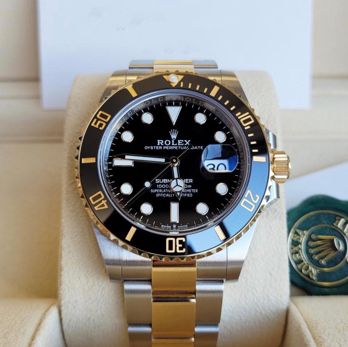 Rolex Submariner Date two-tone zwart/goud,, Ophalen, Zo goed als nieuw, Staal, Rolex