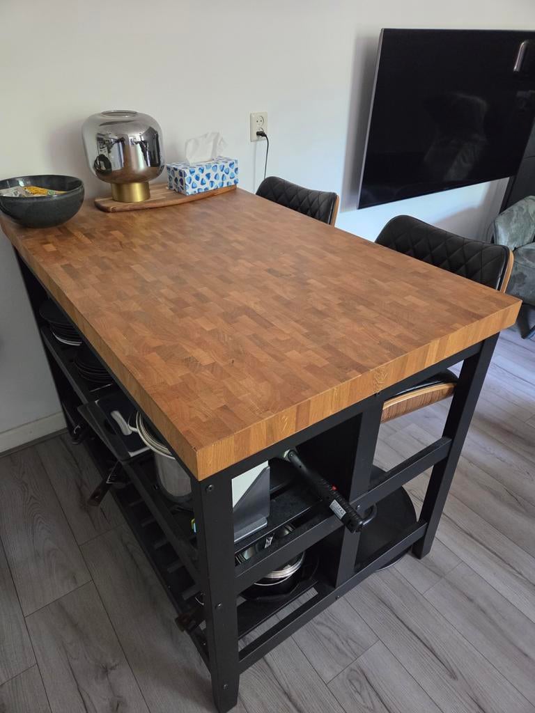 VADHOLMA eiland + 2 hout/leren barkrukken, Huis en Inrichting, Ophalen, Zo goed als nieuw, Metaal