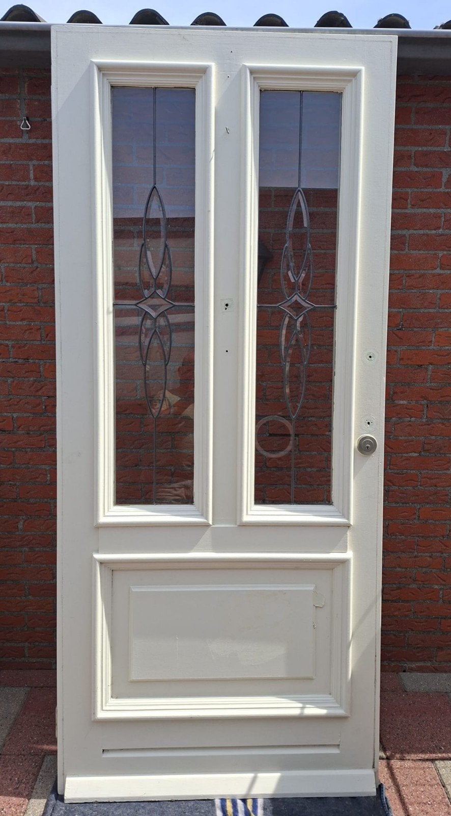 Buitendeur met glas in lood - Crème wit, Gebruikt, Ophalen of Verzenden, Buitendeur, 200 tot 215 cm