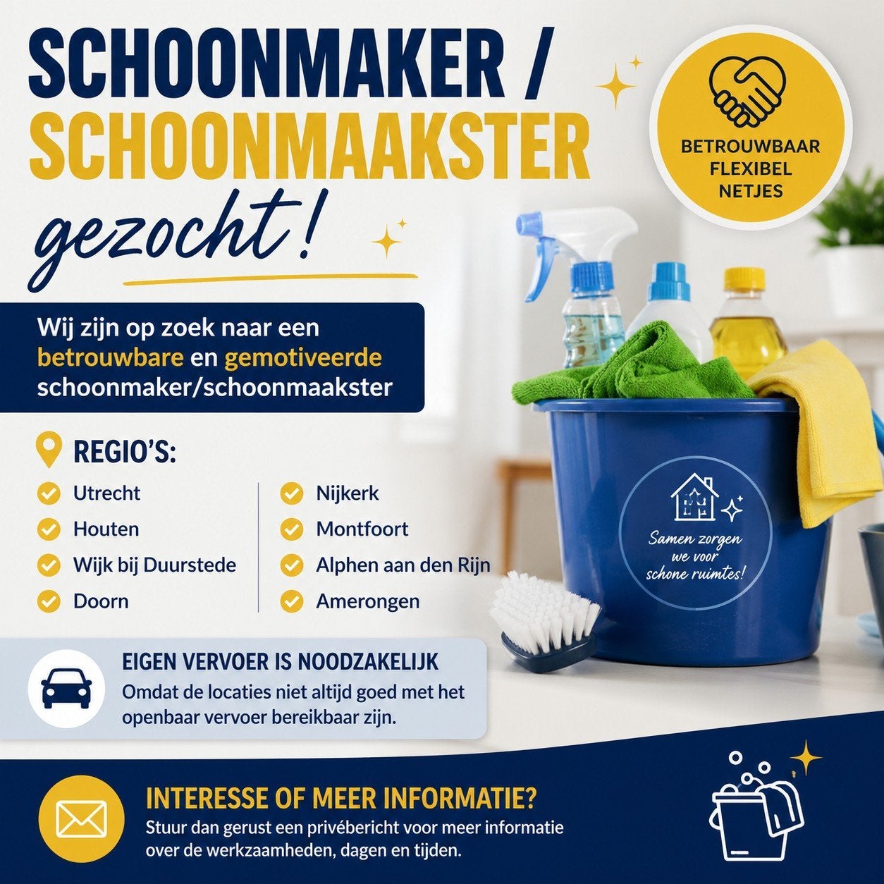 Schoonmaker/schoonmaakster gezoecht, Vacatures, Vacatures | Schoonmaak en Facilitaire diensten, Variabele uren, Overige niveaus