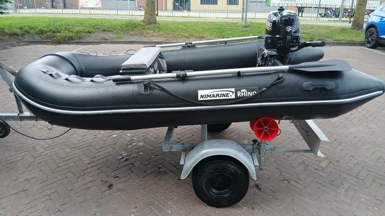 Nimarine Rhino 2.90 plus 6pk 4t bb en trailer, Watersport en Boten, Rubberboten, Ophalen, Aluminium, Peddels, Zo goed als nieuw