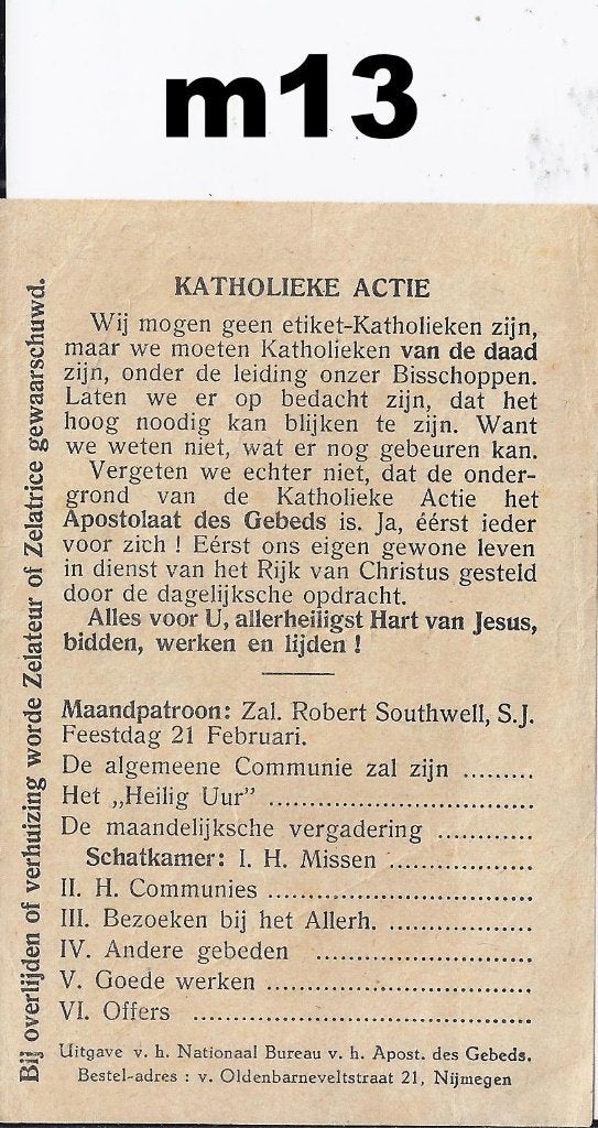 M13 prentje apostolaat des gebeds februari 1939, Ophalen of Verzenden, Gebruikt, Kaart of Prent