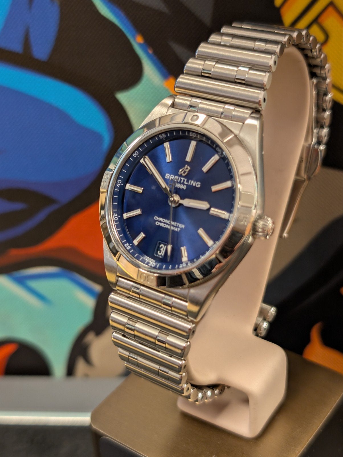 Breitling Chronomat 36 lady sunburst blue wijzerplaat, Ophalen of Verzenden, Zo goed als nieuw, Staal, Overige merken