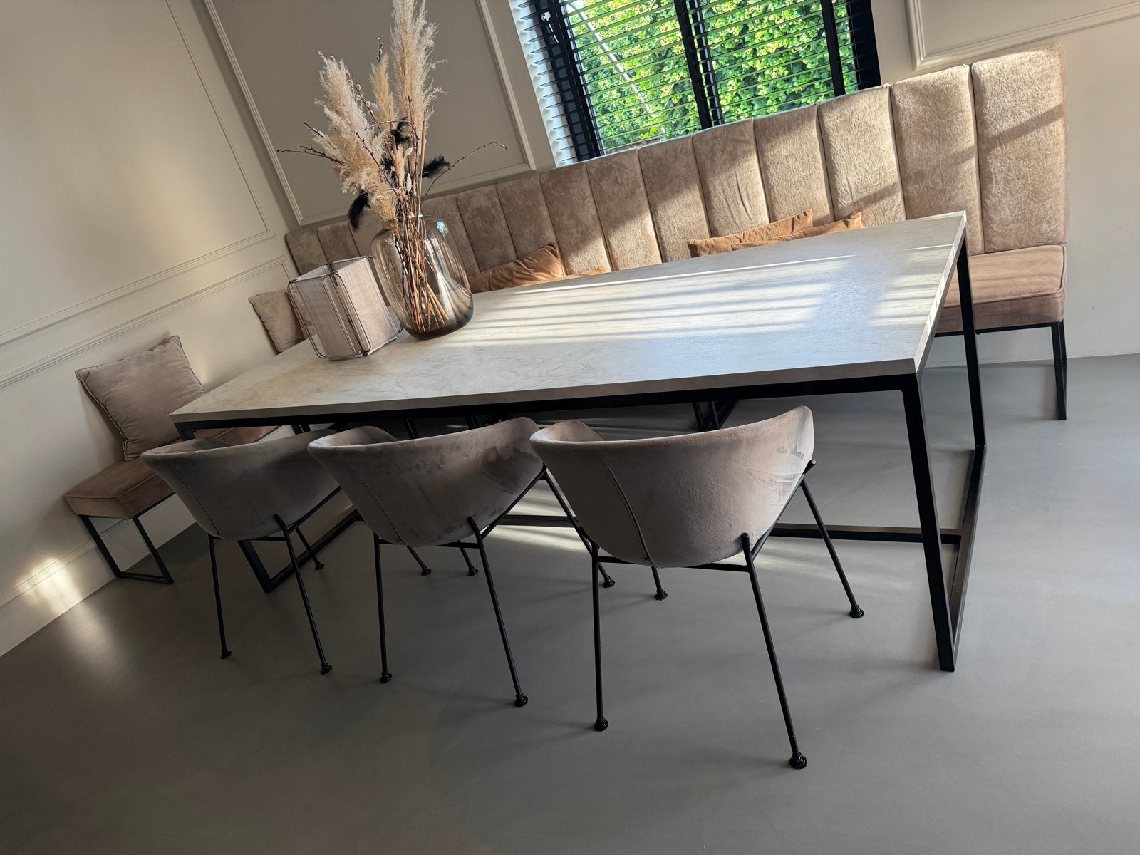 Eettafel met stalen frame en marmer look blad, Ophalen, Gebruikt, 200 cm of meer, 50 tot 100 cm