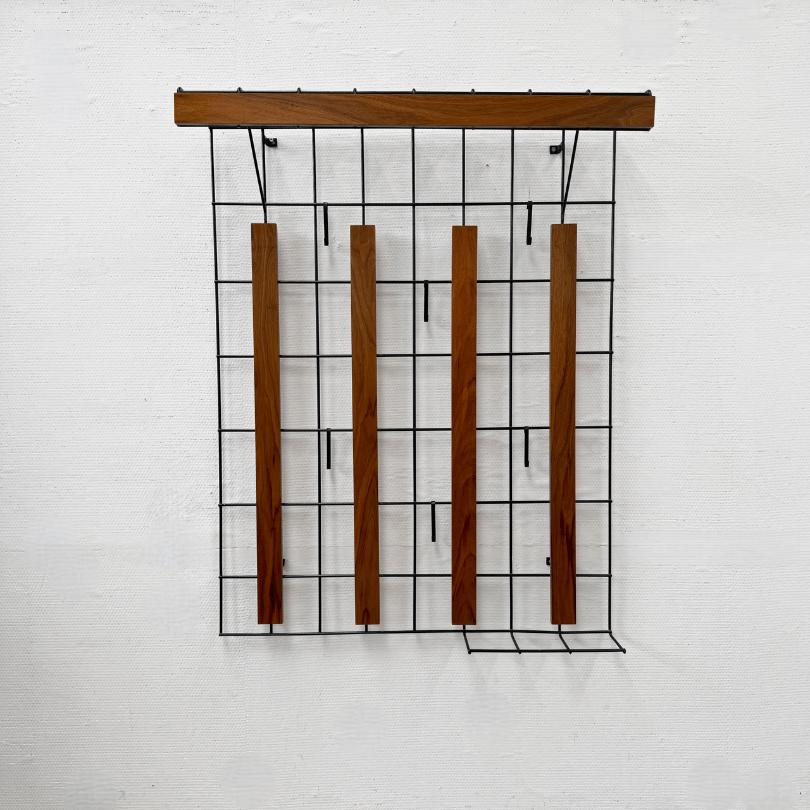 vintage, midcentury wandkapstok zwart draadstaal - teak, Huis en Inrichting, Woonaccessoires | Kapstokken, Gebruikt, 100 tot 150 cm